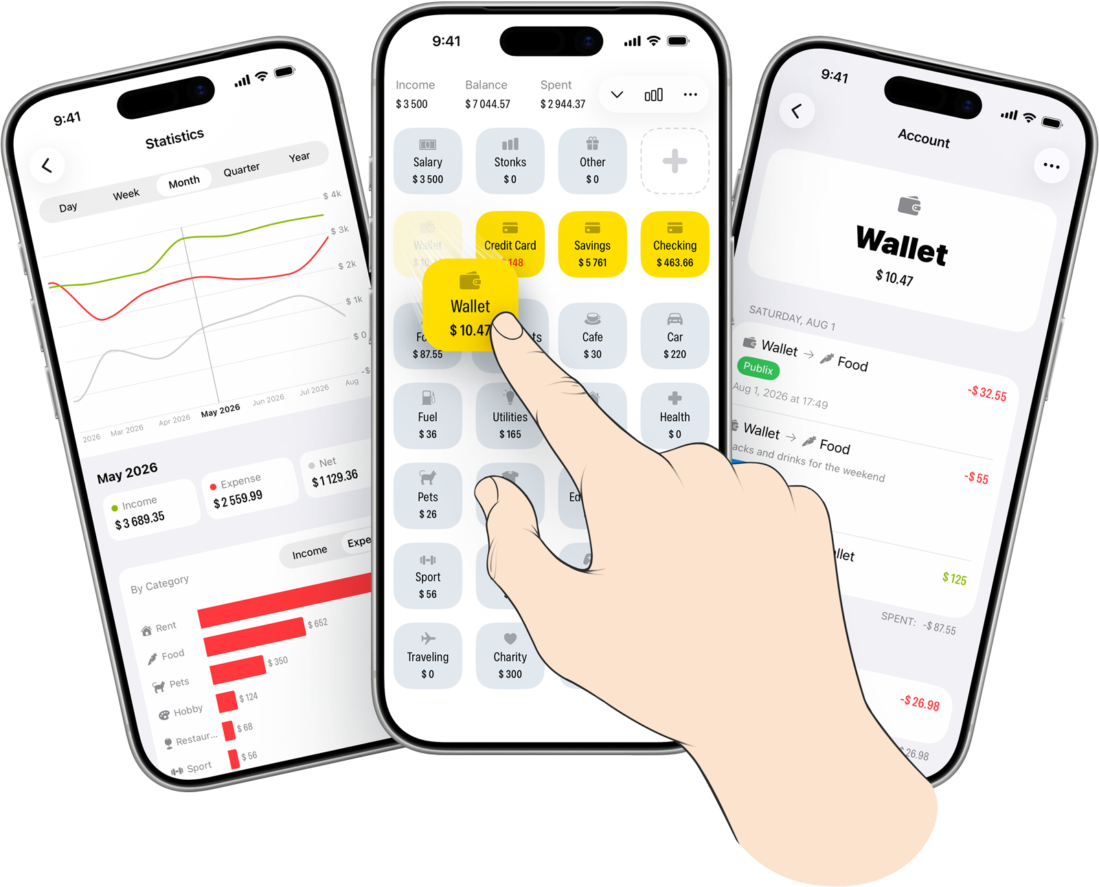 Three Reshta screens on iPhone: monthly statistics with income and expense charts, the home screen where one card is dragged onto another to record a transaction, and an account's transaction history grouped by day