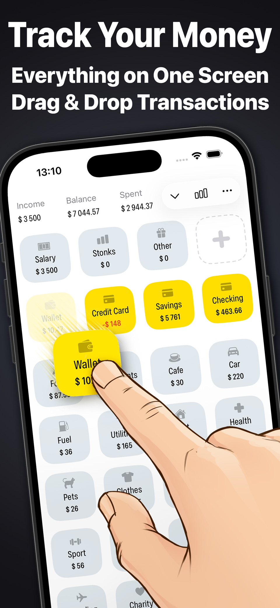 Every account, income source and expense on one screen, with transactions made by drag and drop.