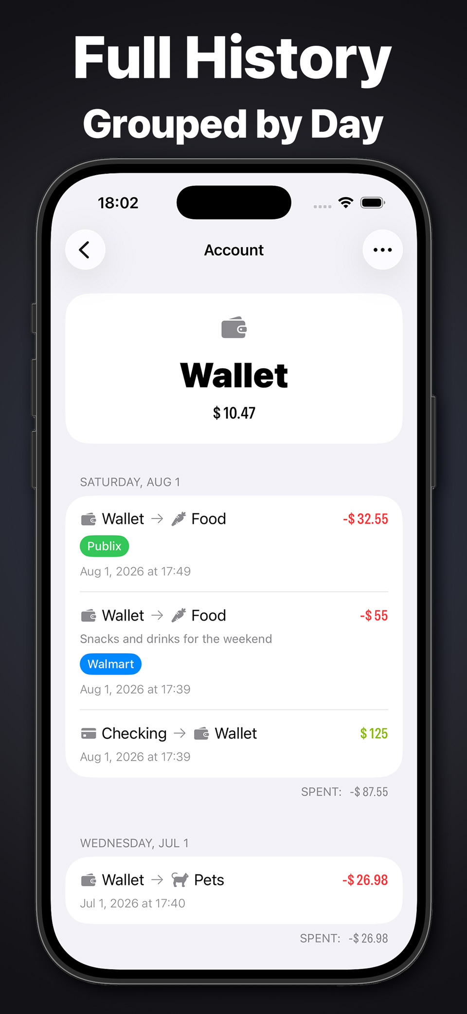 Full transaction history of an account, grouped by day.